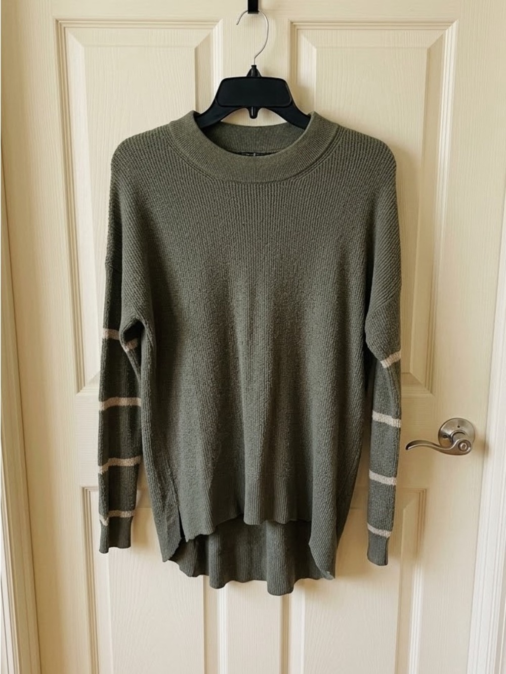American Eagle Green Women's Knit Sweater with Striped Sleeves